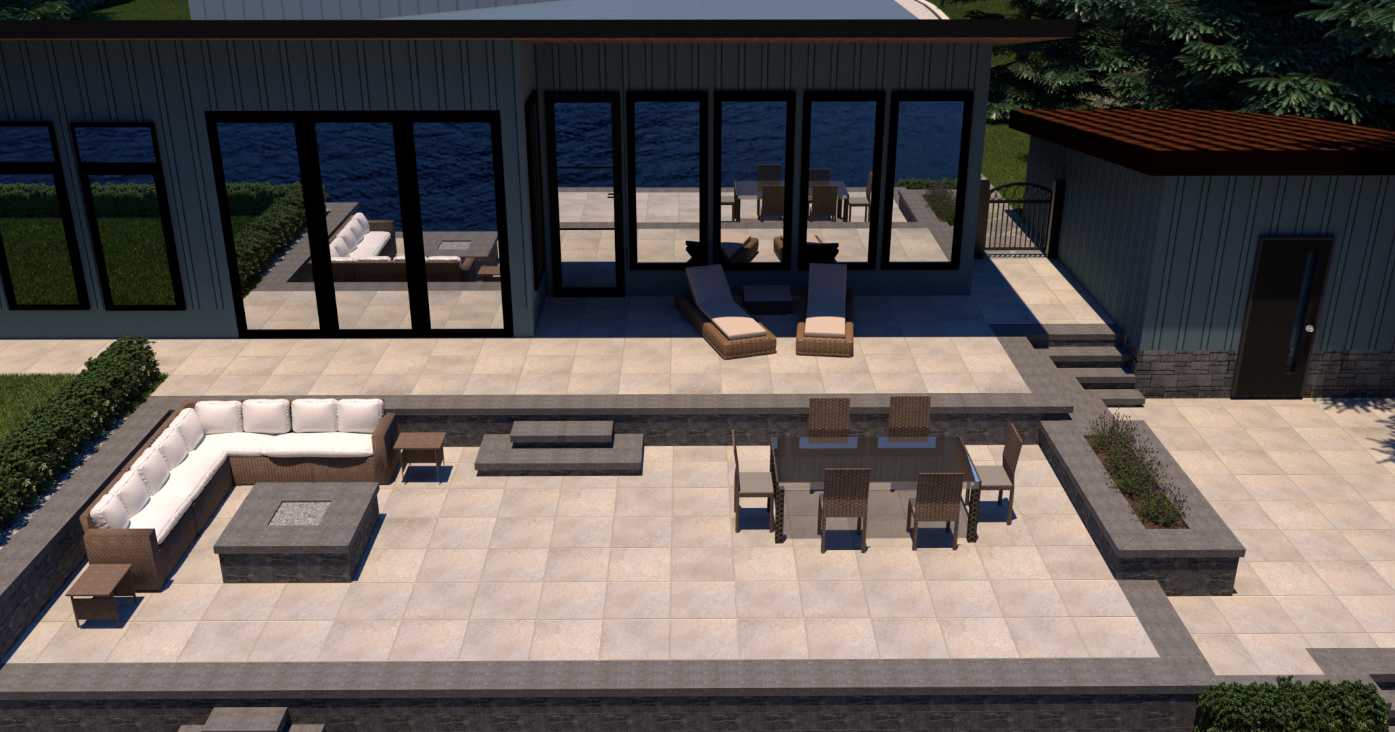 A 3d landscape Design of a porcelain paver patio