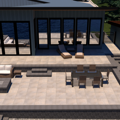 A 3d landscape Design of a porcelain paver patio