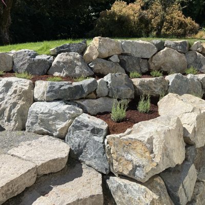 Boulder retaining wall and basalt steps in Victoria BC